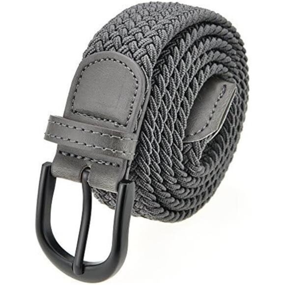 Braided Stretch Elastic Belts |Pin Oval Solid Black Belt Buckle |PU Loop End Tip - Picture 2 of 2